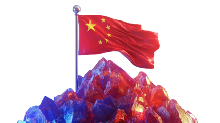 Symbolic representation of China: Flag atop a crystal mountain with black background