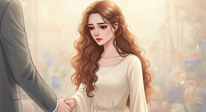 Young woman holding hands with man, expressing emotion in soft light  emotions love sadness farewell separation problems in a couple illustration