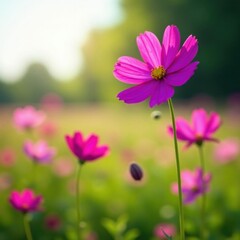 Vibrant purple cosmos dance in a sunlit field, petals gently moving , peaceful, summer, sunny day