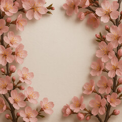 Pink cherry blossom branches frame a blank background. The delicate flowers are in full bloom, showcasing their soft petals and vibrant color.