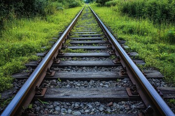 Fototapeta premium Straight railway track through grassy landscape