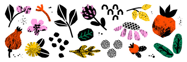 Cutout collage element asset pack. Set of rough vector shape. Trendy grunge texture, organic pattern, nature isolated element.