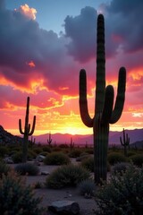 Wide shot of saguaro cacti against dramatic Arizona sky , sun, sky, arizona