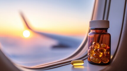 Amber bottle of dietary supplements on airplane window with sunset view in background