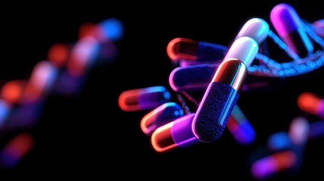 Colorful capsules intertwining with a DNA strand, symbolizing modern medicine and genetics