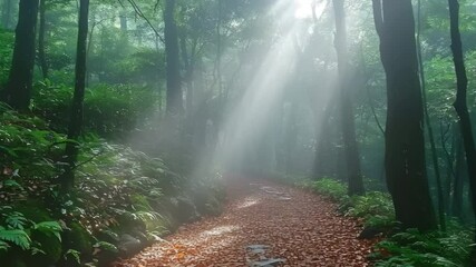 A serene forest trail filled with misty sunlight and fallen leaves - Powered by Adobe