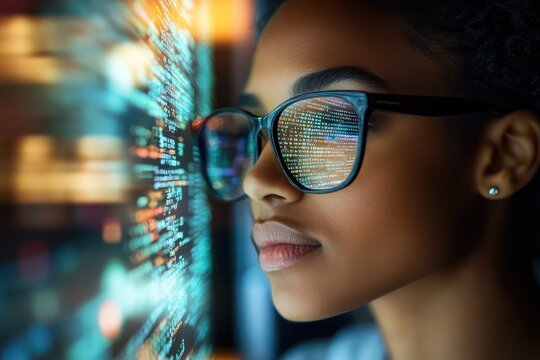 Woman analyzing digital code on computer screen