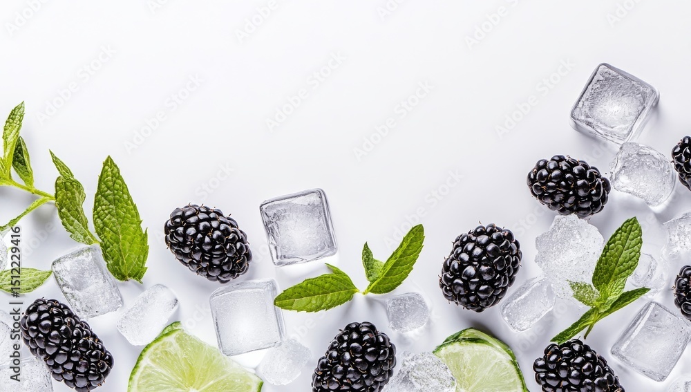 Aufkleber refreshing blackberries chilled with ice cubes are set against a clean white background to create a 