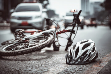 Close-up view of a broken bicycle and helmet on the road after a collision with an SUV during daylight hours