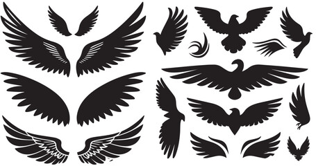 A black and white collection of bird and wing silhouettes, featuring various styles from detailed feathers to abstract forms and full bird figures.