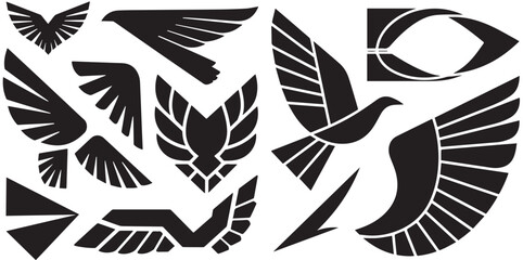 A striking collection of black bird and wing silhouettes, featuring diverse shapes and designs, ideal for logos or graphic elements.