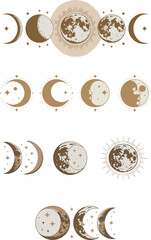 Fototapeta premium Moon Phases Vector Clipart – Celestial Boho Moon Cycle Icons in Gold & Beige