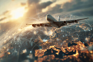Cargo plane soaring above globe with glowing city and global con