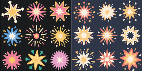 
A vibrant array of starbursts and explosive shapes in various colors, organized into two panels, with the left on a black background and the right on a dark blue.
