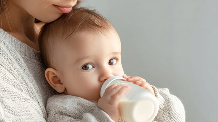 Cute baby drinking milk while being cradled by mother against a
