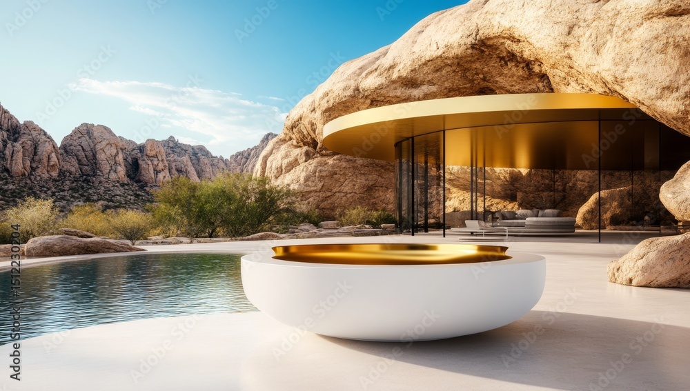 Poster the scene is set with a modern showcase featuring cobbled rock stones and a golden arch on a soft pa