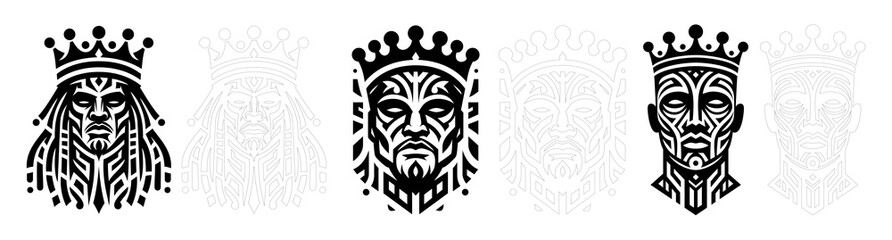 Tribal King Faces – Crowned Tattoo Style PNG Illustrations, Black Line Art Male Portraits, Ethnic Warrior Masks, Symmetrical Traditional Tribal Heads, Transparent Background