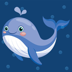 Funny Whale Cartoon Character. Cute whale icon, Marine day. Vector cartoon of aquarium character, marine creature. Giant blue aquatic mammal with fins and tail, diving underwater humpback whale 