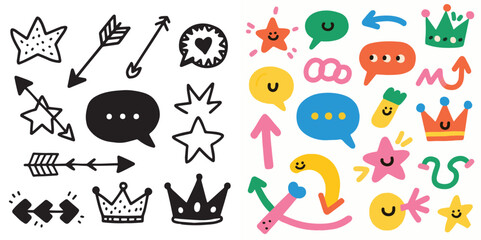 A comparison of doodle art: the left features black and white stars, arrows, speech bubbles, and crowns, while the right presents a colorful, more whimsical version of similar elements with smiling fa