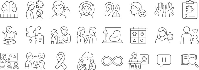 Autism awareness and neurodiversity support concept vector illustration. Line icons show behavior signs, therapy, emotional communication and inclusive education for children.