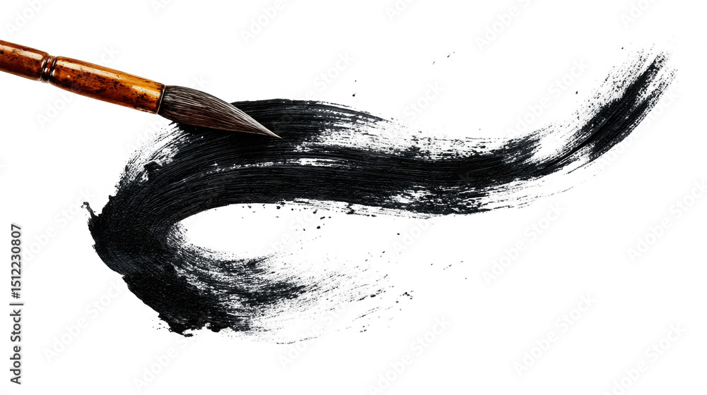 Poster creating a dynamic, curved stroke of black ink on a transparent background, adding an artistic flair