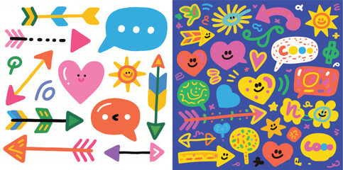 Fototapeta premium A vibrant collection of hand-drawn doodle-style stickers on two backgrounds: the left on white, the right on blue. Elements include arrows, hearts, speech bubbles, and suns, some with smiling faces.