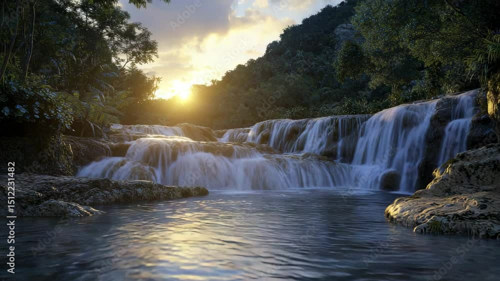 Poster a serene waterfall cascades over rocks with lush greenery and the sun setting in the background.