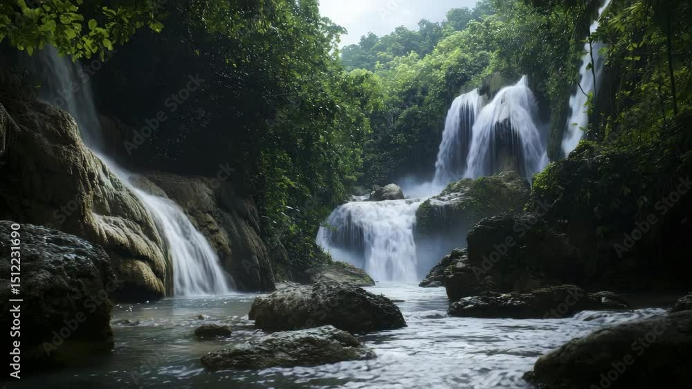 Poster a lush, green jungle surrounds multiple flowing waterfalls cascading over rocks into a tranquil pool