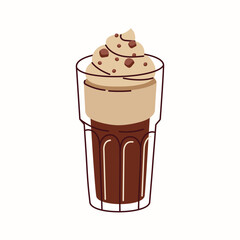 Chocolate late, coffee in a glass cup vector hand drawn illustration in a flat style isolated on a white background