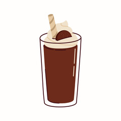 Chocolate cocktail with cookies, coffee in a glass cup vector hand drawn illustration in a flat style isolated on a white background