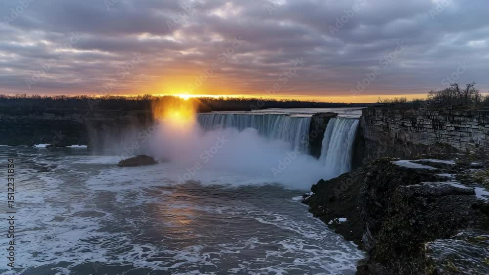 Poster a breathtaking view of a powerful waterfall cascading over cliffs at sunrise, with mist rising into 
