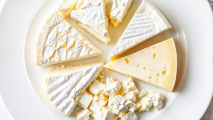 Various types of cheese arranged on a white plate in a culinary display at a gourmet event