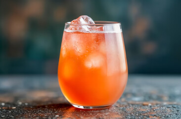 Refreshing mixed drink served over ice in an elegant glass on a textured surface during a summer gathering in an indoor setting