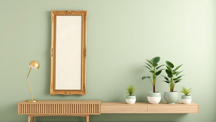 empty wooden framed mirror, wooden bench, potted plants, minimalist interior design, natural lighting, Scandinavian style, clean lines, neutral color palette, wood grain, soft green walls, HD image

