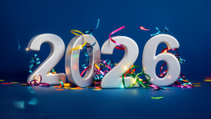 Celebratory decorations and colorful streamers welcome the new year 2026 in a festive atmosphere