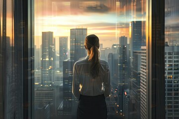 Flawless Visual of Back View of Businesswoman Looking Out Office Window to City Panorama
