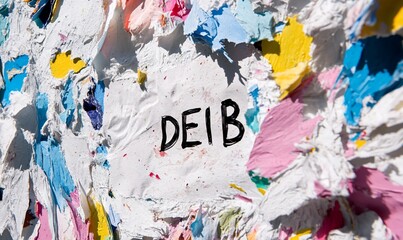 Fototapeta premium Colorful paper scraps covering a white sheet with the word DEIB written on it