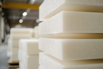 Large stack of foam blocks packed tightly in factory