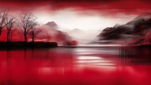 Mystical Red Landscape Serenity: Captivating Mountain Reflections on Tranquil Waters