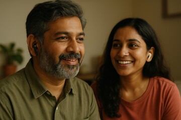 Happy couple enjoying music together.