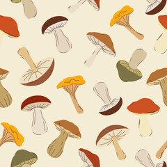 Hand-drawn autumn seamless pattern with mushrooms. Designed for wrapping paper, packaging, fabric, and textiles. Vector illustration.
