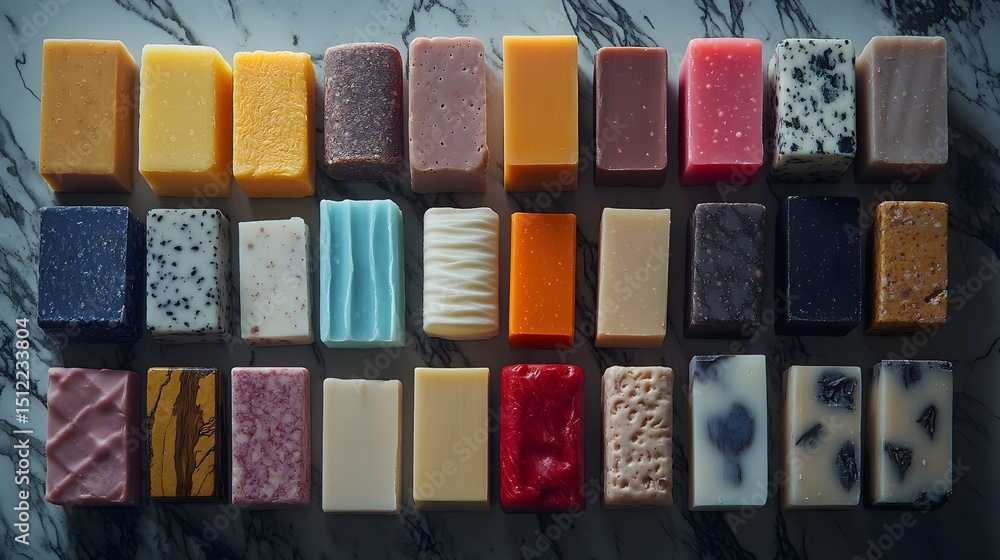 Poster a beautifully arranged collection of handcrafted soaps in various colors and shapes displayed elegan
