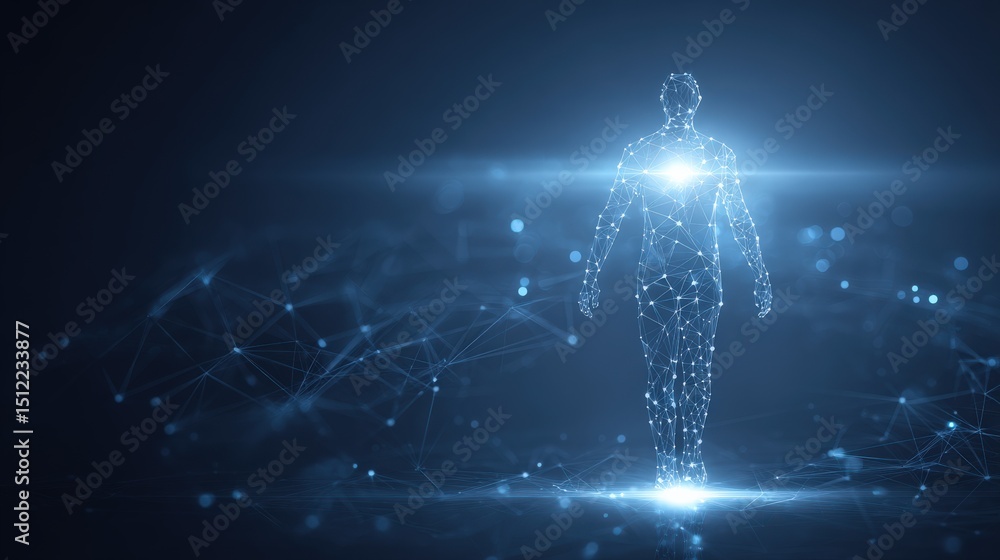 Poster futuristic digital human figure made of glowing lines and points, surrounded by abstract network con