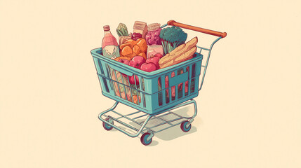 shopping cart full of groceries illustration, ideal for use in supermarket advertisements, food delivery service banners, e-commerce apps, or articles on consumer behavior and budgeting