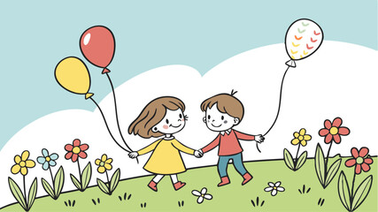 Two children holding hands with colorful balloons around them, standing in a flower-filled field under a clear blue sky.