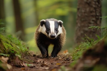 Wild badger walking through forest floor in nature
