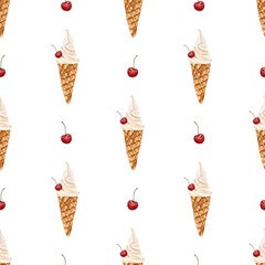 Watercolor seamless pattern with vanila ice cream with cherry in a waffle cone and cherry on a white background