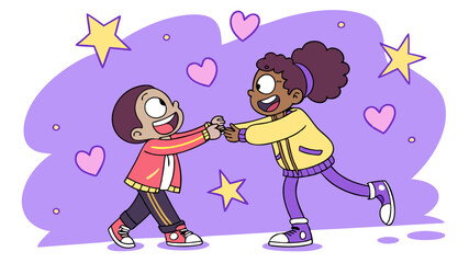 A playful scene with cartoon characters exchanging friendship bracelets, set against a vibrant purple backdrop filled with stars and hearts.