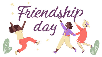 A digital greeting card with watercolor-style friends holding hands and jumping in joy, above the words Friendship