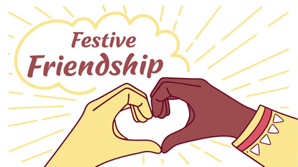 A bright digital artwork showing two hands joined to form a heart, with radiant light emanating from behind and festive friendship typography.